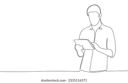 Silhouette of man with tablet. Concept of business banner. One line continuous minimalism vector illustraiton. Line art, outline.