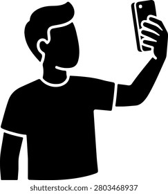 Silhouette of man taking selfie with smartphone isolated on white background Black silhouette of male using smartphone to capture selfie on white background