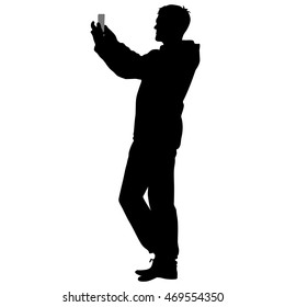 Silhouette man taking selfie with smartphone on white background. Vector illustration.