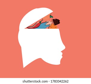 silhouette of a man, thinking head, instead of brains - vegetables, vector, banner, picture
