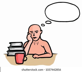 silhouette of a man thinking at a table with a cup of coffee and a pile of books in color. Vector illustration.