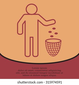 Silhouette of a man, throwing garbage in a bin, line icon