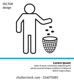 Silhouette of a man, throwing garbage in a bin, line icon