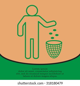 Silhouette of a man, throwing garbage in a bin, line icon
