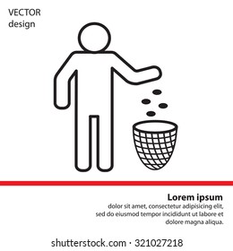 Silhouette of a man, throwing garbage in a bin, line icon