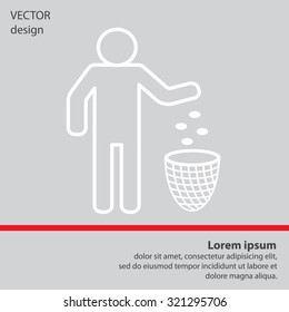 Silhouette of a man, throwing garbage in a bin, line icon