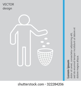 Silhouette of a man, throwing garbage in a bin, line icon
