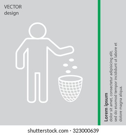 Silhouette of a man, throwing garbage in a bin, line icon