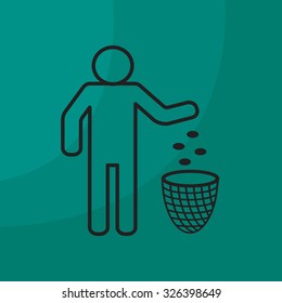 Silhouette of a man, throwing garbage in a bin, line icon
