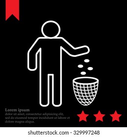 Silhouette of a man, throwing garbage in a bin, line icon