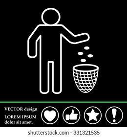 Silhouette of a man, throwing garbage in a bin, line icon