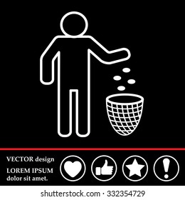 Silhouette of a man, throwing garbage in a bin, line icon