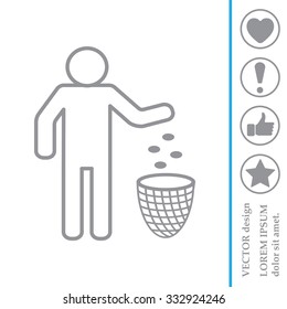 Silhouette of a man, throwing garbage in a bin, line icon
