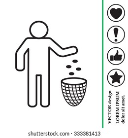 Silhouette of a man, throwing garbage in a bin, line icon