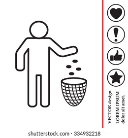 Silhouette of a man, throwing garbage in a bin, line icon