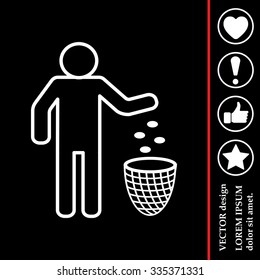 Silhouette of a man, throwing garbage in a bin, line icon