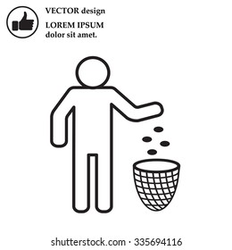 Silhouette of a man, throwing garbage in a bin, line icon