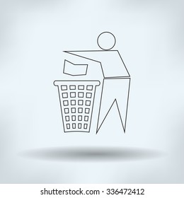 Silhouette of a man, throwing garbage in a bin, line icon