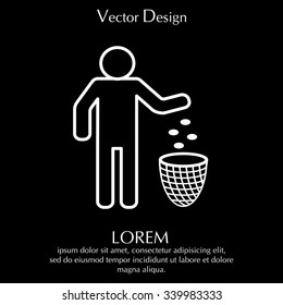 Silhouette of a man, throwing garbage in a bin, line icon