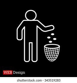Silhouette of a man, throwing garbage in a bin, line icon