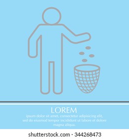 Silhouette of a man, throwing garbage in a bin, line icon