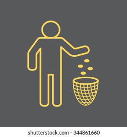 Silhouette of a man, throwing garbage in a bin, line icon