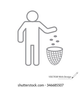 Silhouette of a man, throwing garbage in a bin, line icon