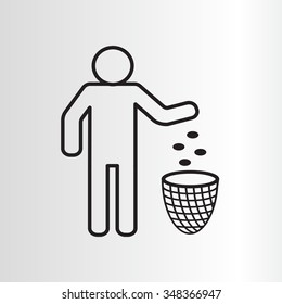 Silhouette of a man, throwing garbage in a bin, line icon