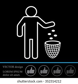 Silhouette of a man, throwing garbage in a bin, line icon