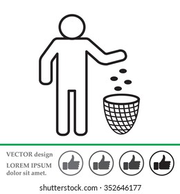 Silhouette of a man, throwing garbage in a bin, line icon