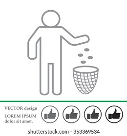 Silhouette of a man, throwing garbage in a bin, line icon