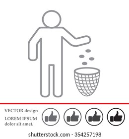 Silhouette of a man, throwing garbage in a bin, line icon