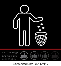 Silhouette of a man, throwing garbage in a bin, line icon