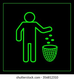Silhouette of a man, throwing garbage in a bin, line icon