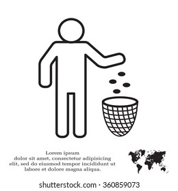 Silhouette of a man, throwing garbage in a bin, line icon