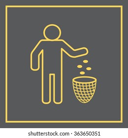 Silhouette of a man, throwing garbage in a bin, line icon