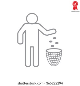 Silhouette of a man, throwing garbage in a bin, line icon