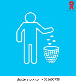 Silhouette of a man, throwing garbage in a bin, line icon