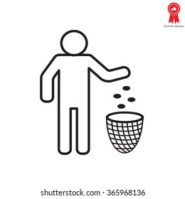 Silhouette of a man, throwing garbage in a bin, line icon