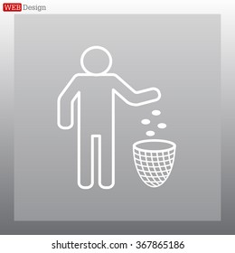 Silhouette of a man, throwing garbage in a bin, line icon