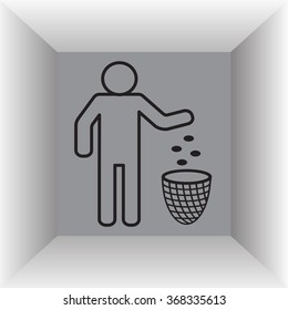 Silhouette of a man, throwing garbage in a bin, line icon