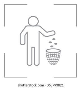 Silhouette of a man, throwing garbage in a bin, line icon