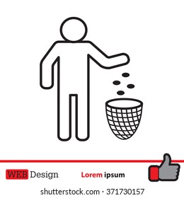 Silhouette of a man, throwing garbage in a bin, line icon