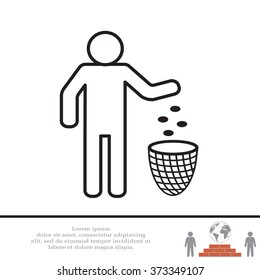 Silhouette of a man, throwing garbage in a bin, line icon