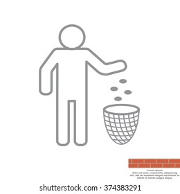 Silhouette of a man, throwing garbage in a bin, line icon