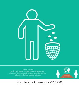 Silhouette of a man, throwing garbage in a bin, line icon