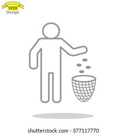 Silhouette of a man, throwing garbage in a bin, line icon