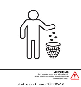 Silhouette of a man, throwing garbage in a bin, line icon