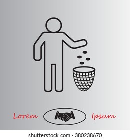 Silhouette of a man, throwing garbage in a bin, line icon