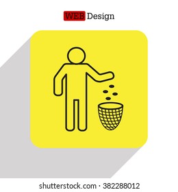 Silhouette of a man, throwing garbage in a bin, line icon